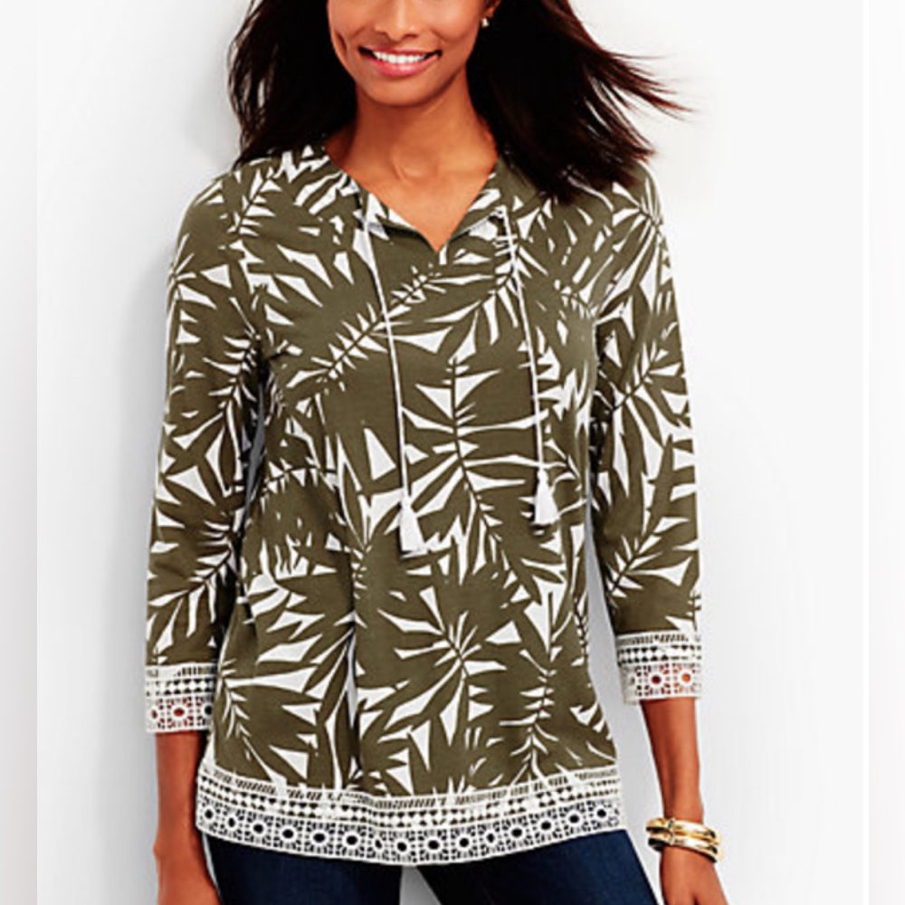 Talbots Womens Top Green White Leaf Print Tie Neck Tunic Lace Trim Vacation XS